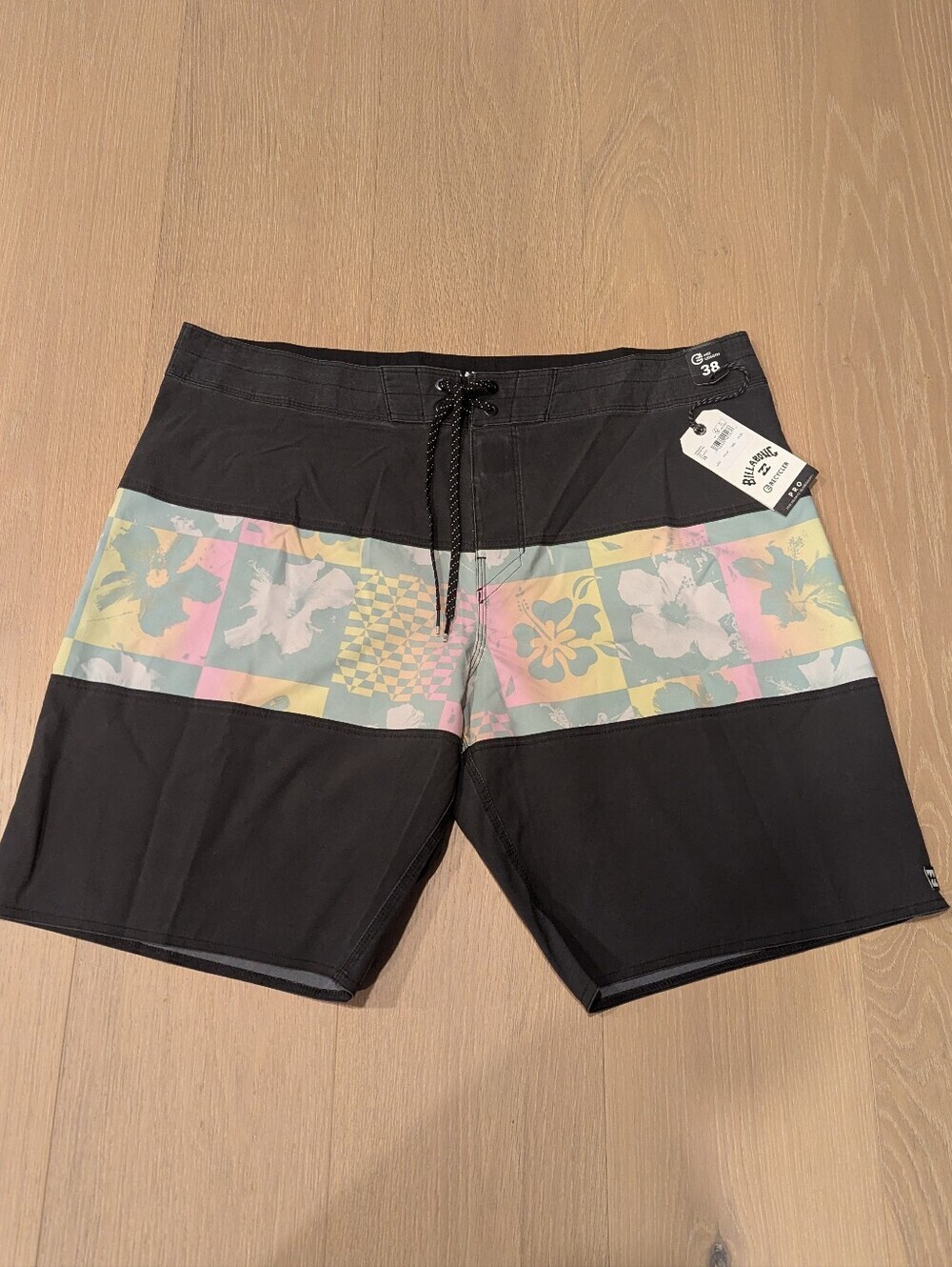 Black Swim Trunks with Pastel Floral Band